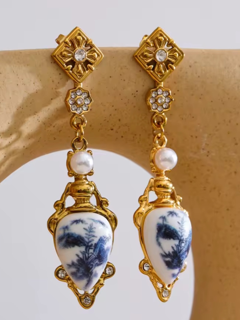 Vintage Porcelain Baroque Blue Gold Earrings